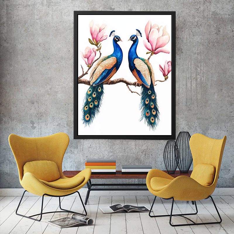 Peacock pair with pink blossoms artwork for elegant wall decor.
