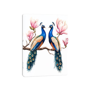 Peacock pair with pink blossoms artwork for elegant wall decor.