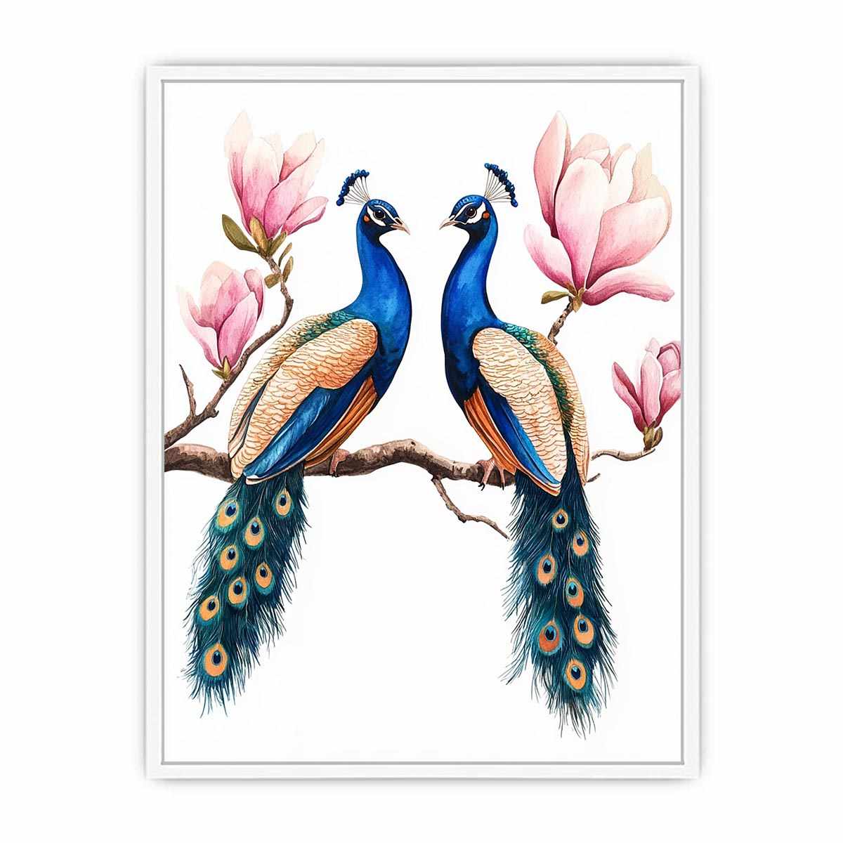Peacock pair with pink blossoms artwork for elegant wall decor.