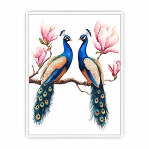 Peacock pair with pink blossoms artwork for elegant wall decor.