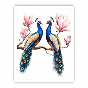 Peacock pair with pink blossoms artwork for elegant wall decor.