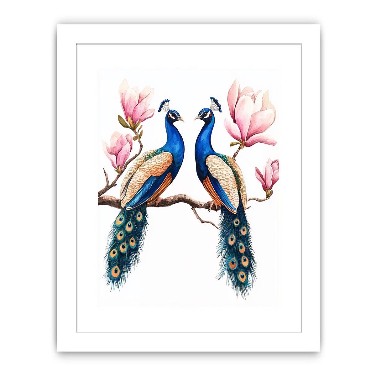 Peacock pair with pink blossoms artwork for elegant wall decor.