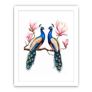 Peacock pair with pink blossoms artwork for elegant wall decor.