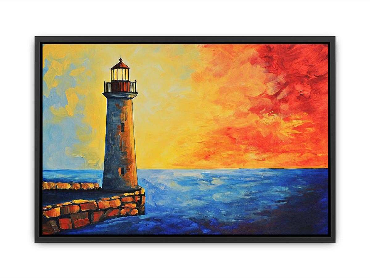 Coastal lighthouse canvas art with red sunset sky and blue ocean for modern living room decor.