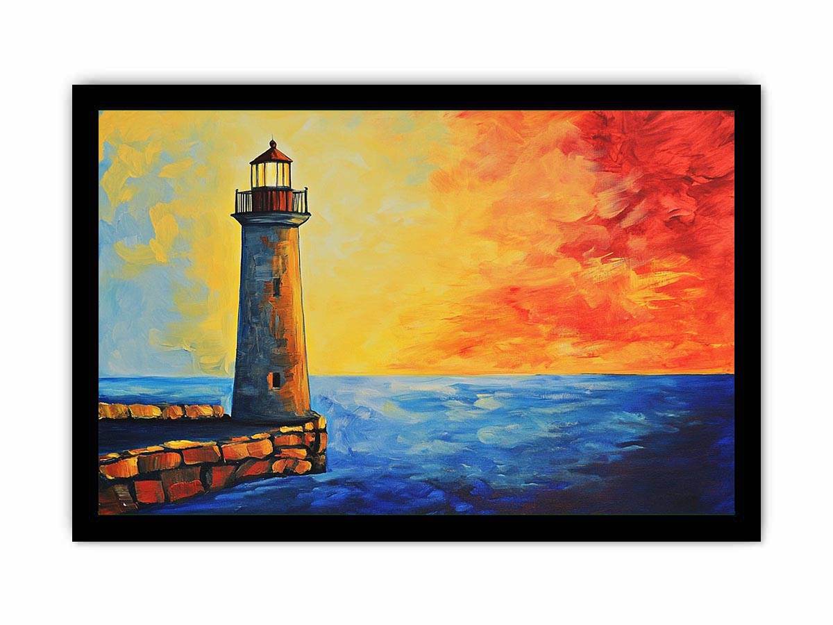 Coastal lighthouse canvas art with red sunset sky and blue ocean for modern living room decor.