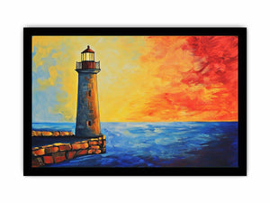 Coastal lighthouse canvas art with red sunset sky and blue ocean for modern living room decor.
