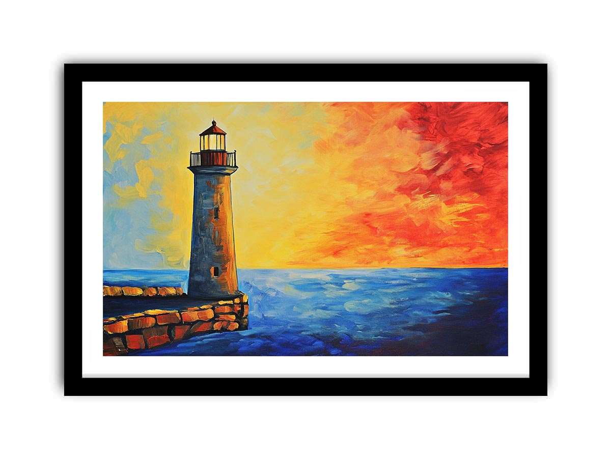 Coastal lighthouse canvas art with red sunset sky and blue ocean for modern living room decor.