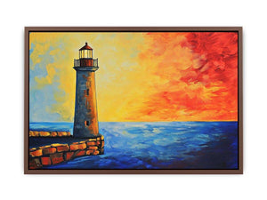 Coastal lighthouse canvas art with red sunset sky and blue ocean for modern living room decor.