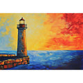 Coastal lighthouse canvas art with red sunset sky and blue ocean for modern living room decor.