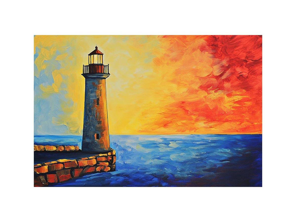 Coastal lighthouse canvas art with red sunset sky and blue ocean for modern living room decor.