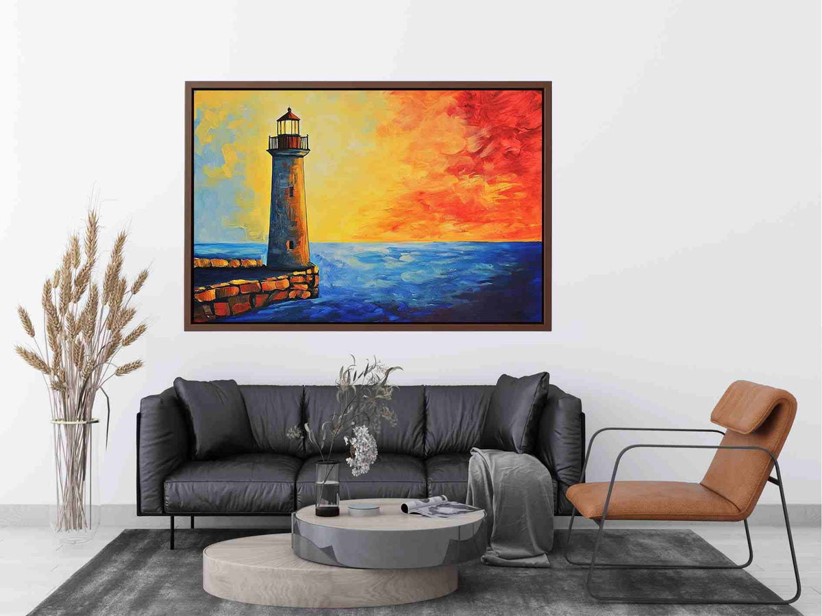 Coastal lighthouse canvas art with red sunset sky and blue ocean for modern living room decor.