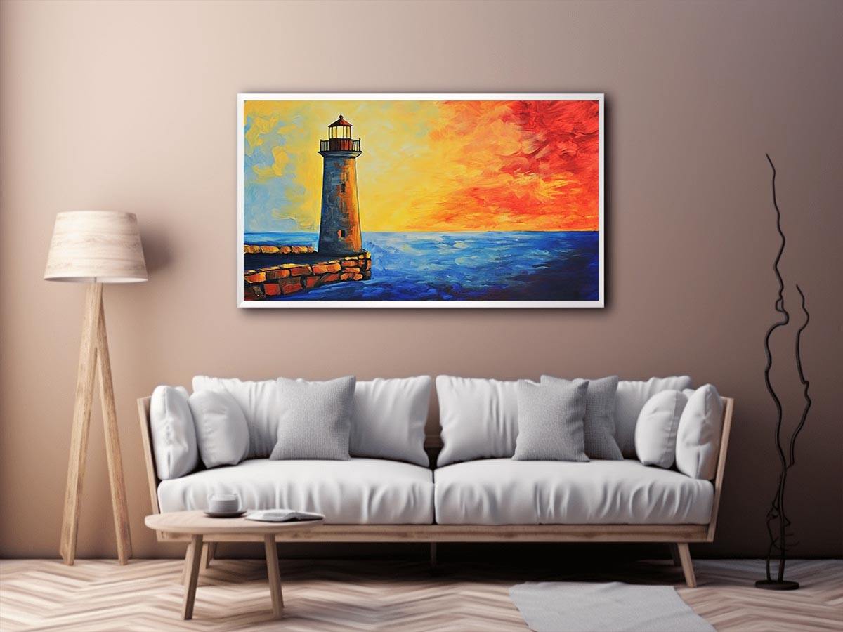 Coastal lighthouse canvas art with red sunset sky and blue ocean for modern living room decor.