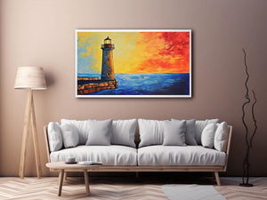 Coastal lighthouse canvas art with red sunset sky and blue ocean for modern living room decor.