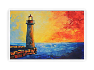 Coastal lighthouse canvas art with red sunset sky and blue ocean for modern living room decor.