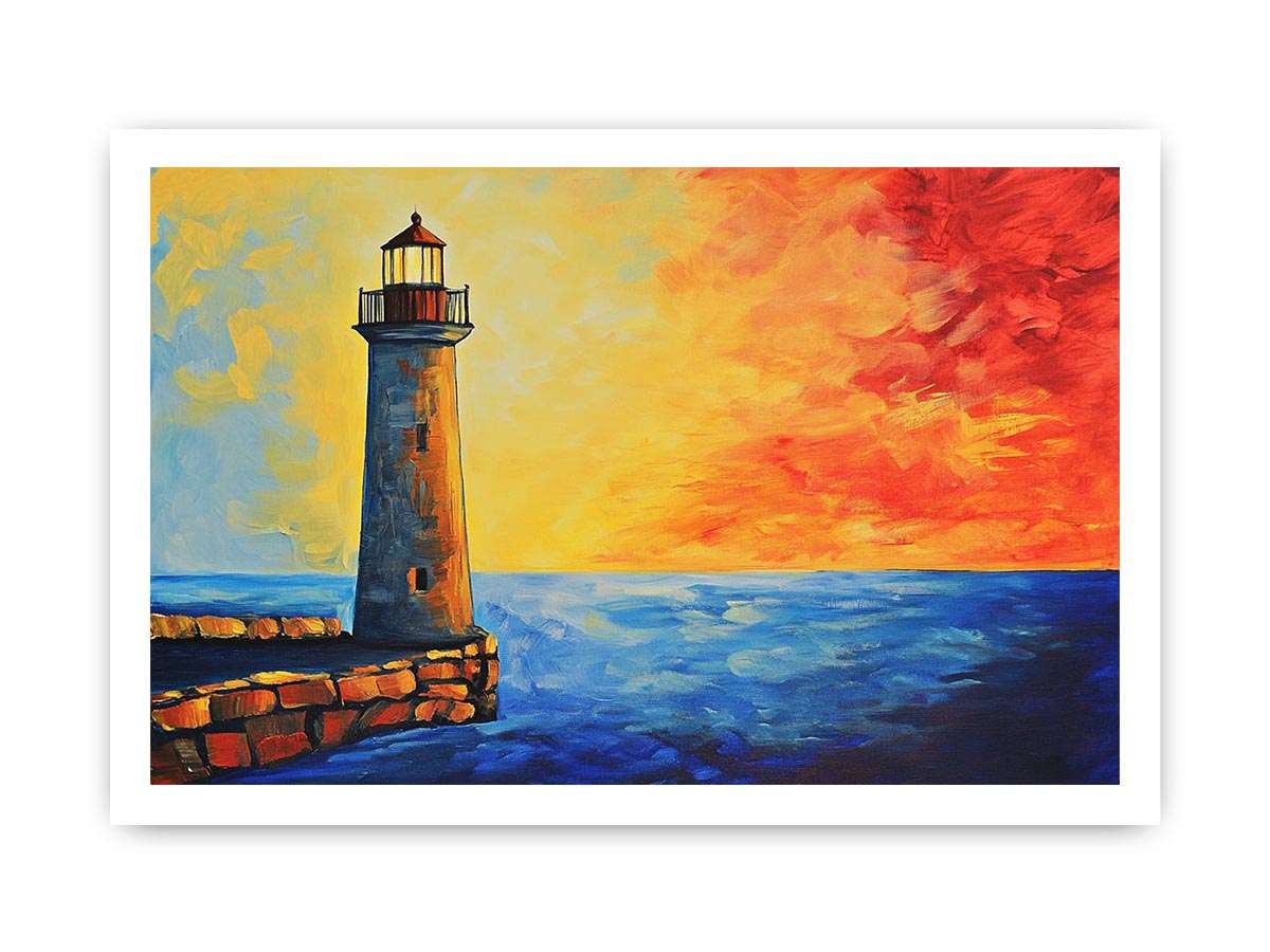 Coastal lighthouse canvas art with red sunset sky and blue ocean for modern living room decor.