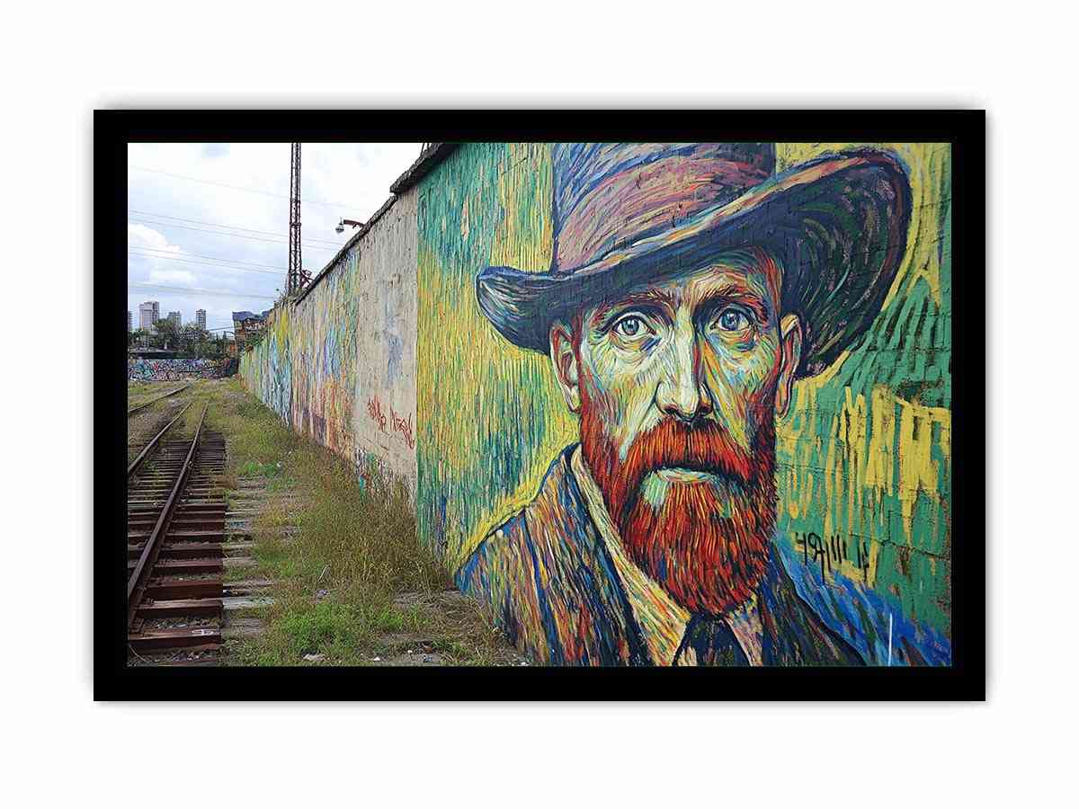 Colorful expressionist portrait mural artwork for creative office decor.
