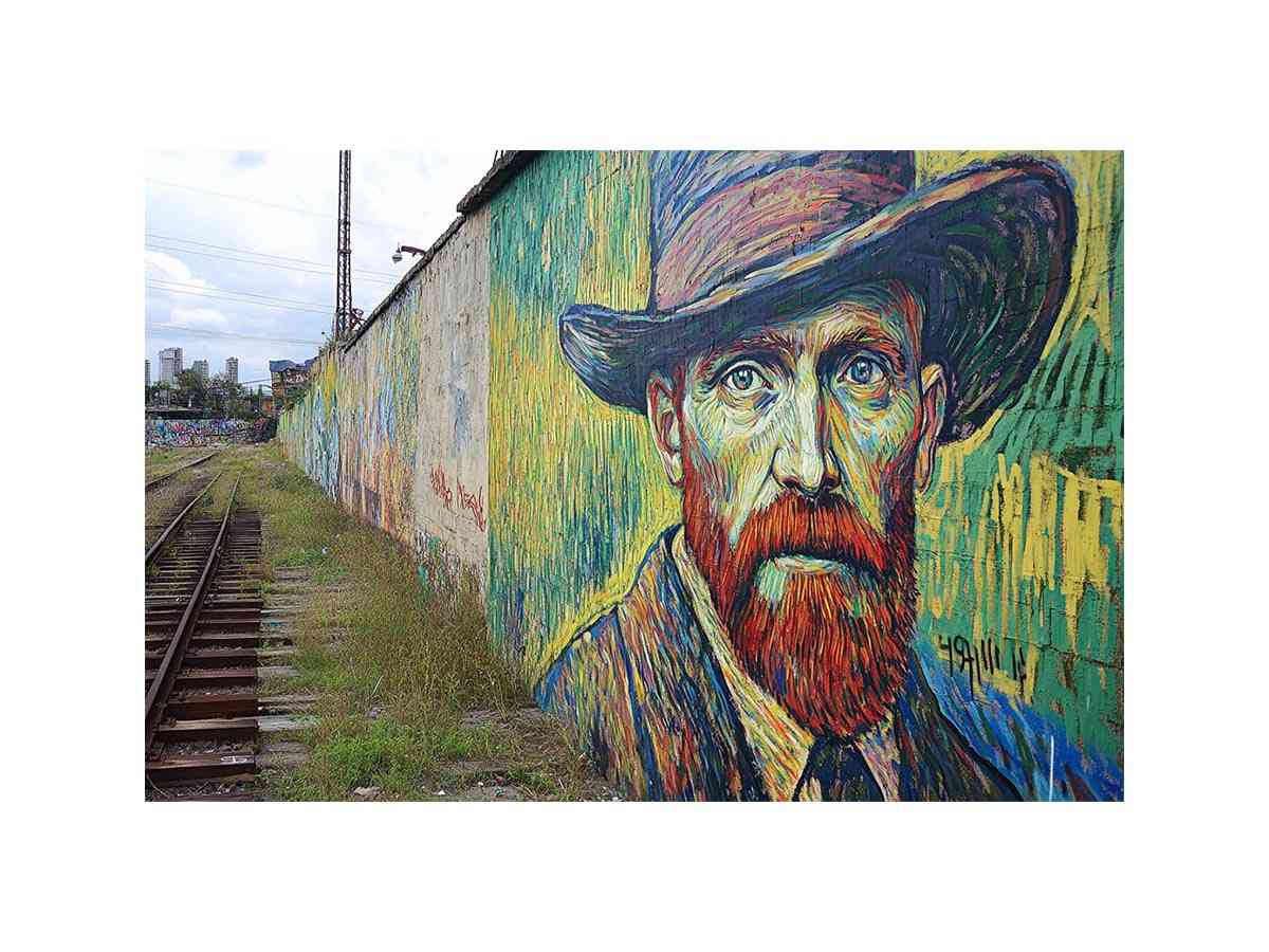 Colorful expressionist portrait mural artwork for creative office decor.
