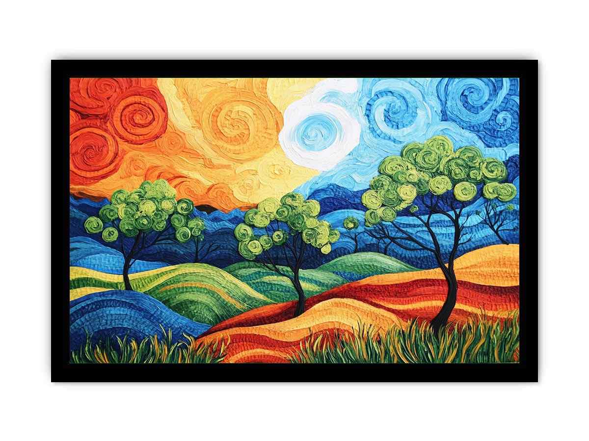 Colorful abstract landscape with trees for modern living room decor.