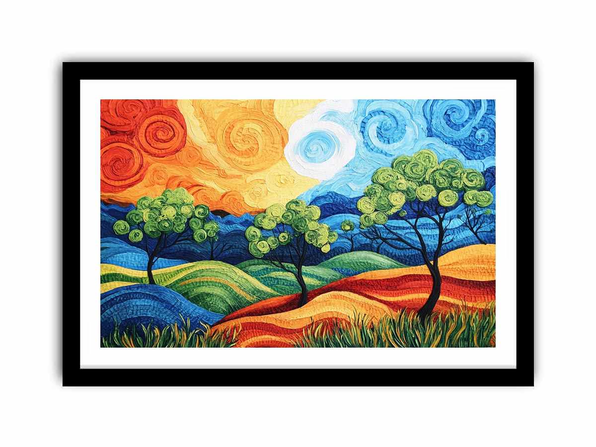 Colorful abstract landscape with trees for modern living room decor.