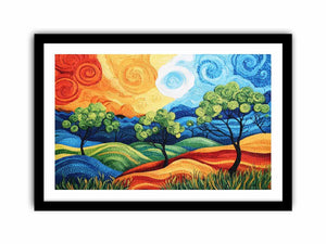 Colorful abstract landscape with trees for modern living room decor.