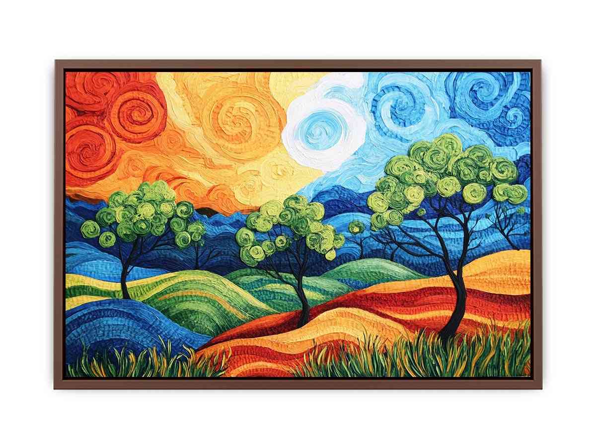 Colorful abstract landscape with trees for modern living room decor.