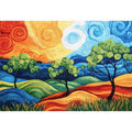 Colorful abstract landscape with trees for modern living room decor.