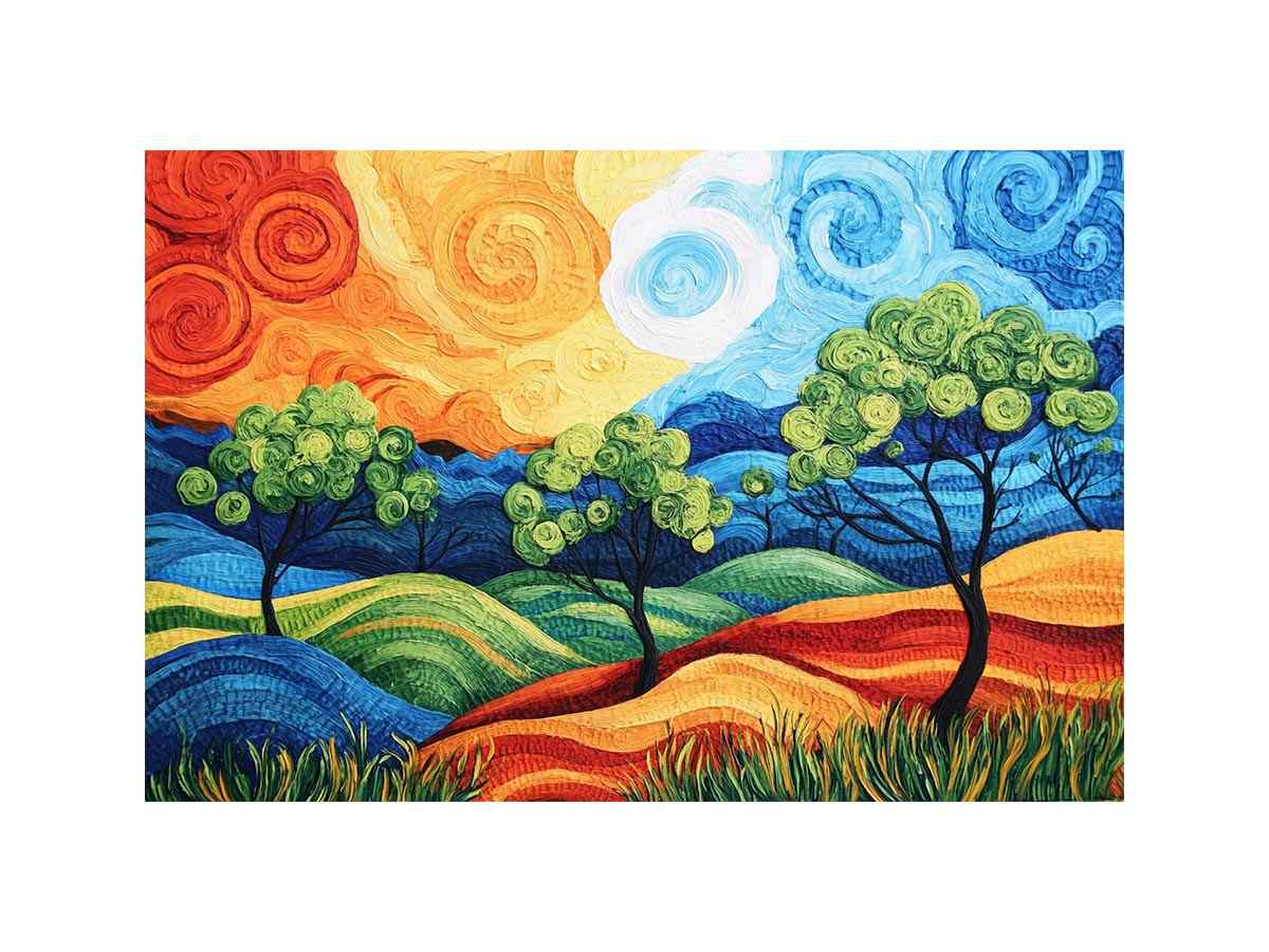 Colorful abstract landscape with trees for modern living room decor.