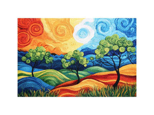 Colorful abstract landscape with trees for modern living room decor.