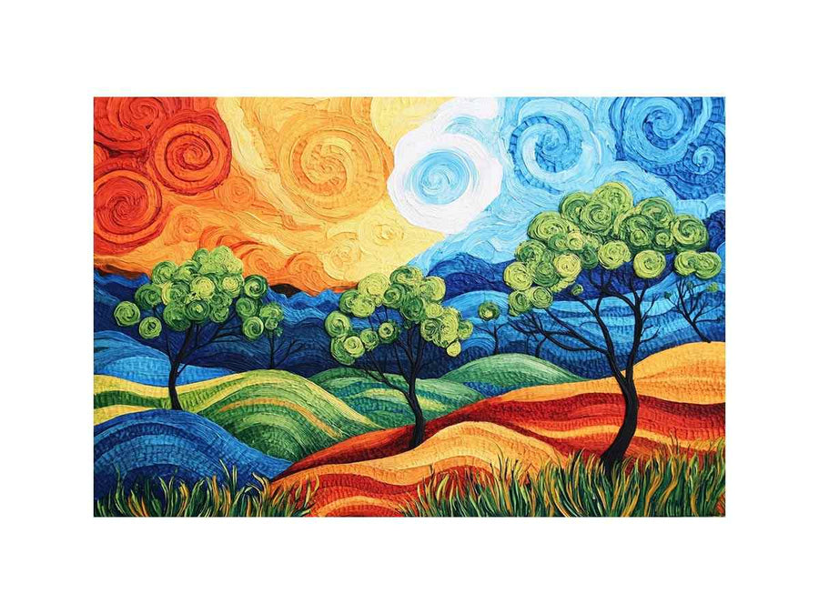 Colorful abstract landscape with trees for modern living room decor.