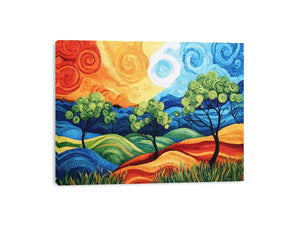 Colorful abstract landscape with trees for modern living room decor.