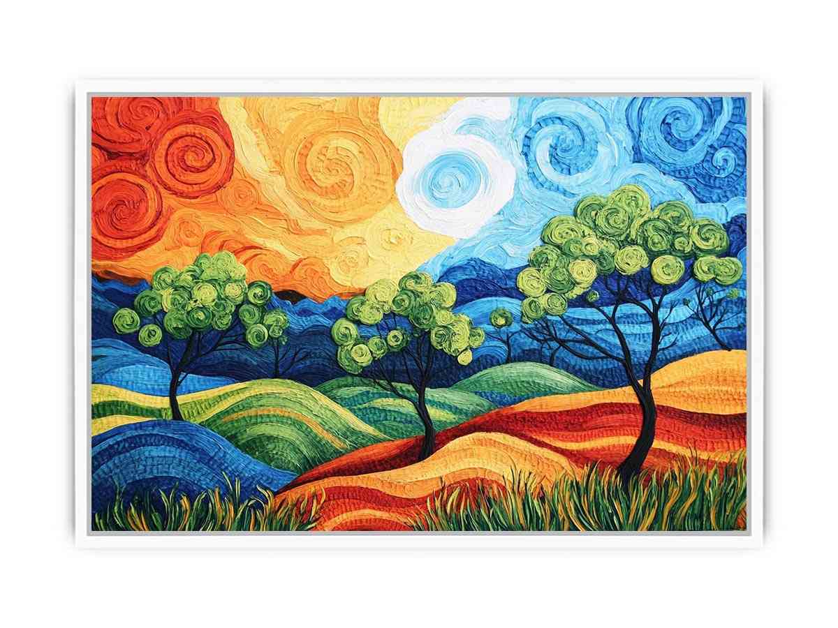 Colorful abstract landscape with trees for modern living room decor.