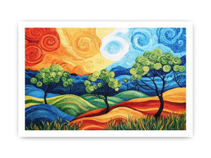Colorful abstract landscape with trees for modern living room decor.