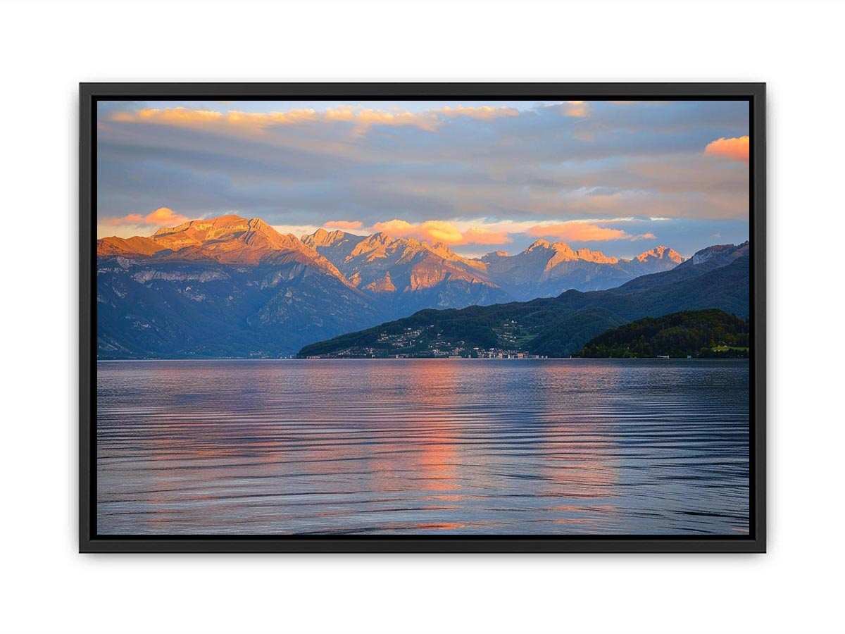 Mountain lake photography artwork for serene living room decor.