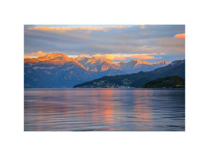 Mountain lake photography artwork for serene living room decor.