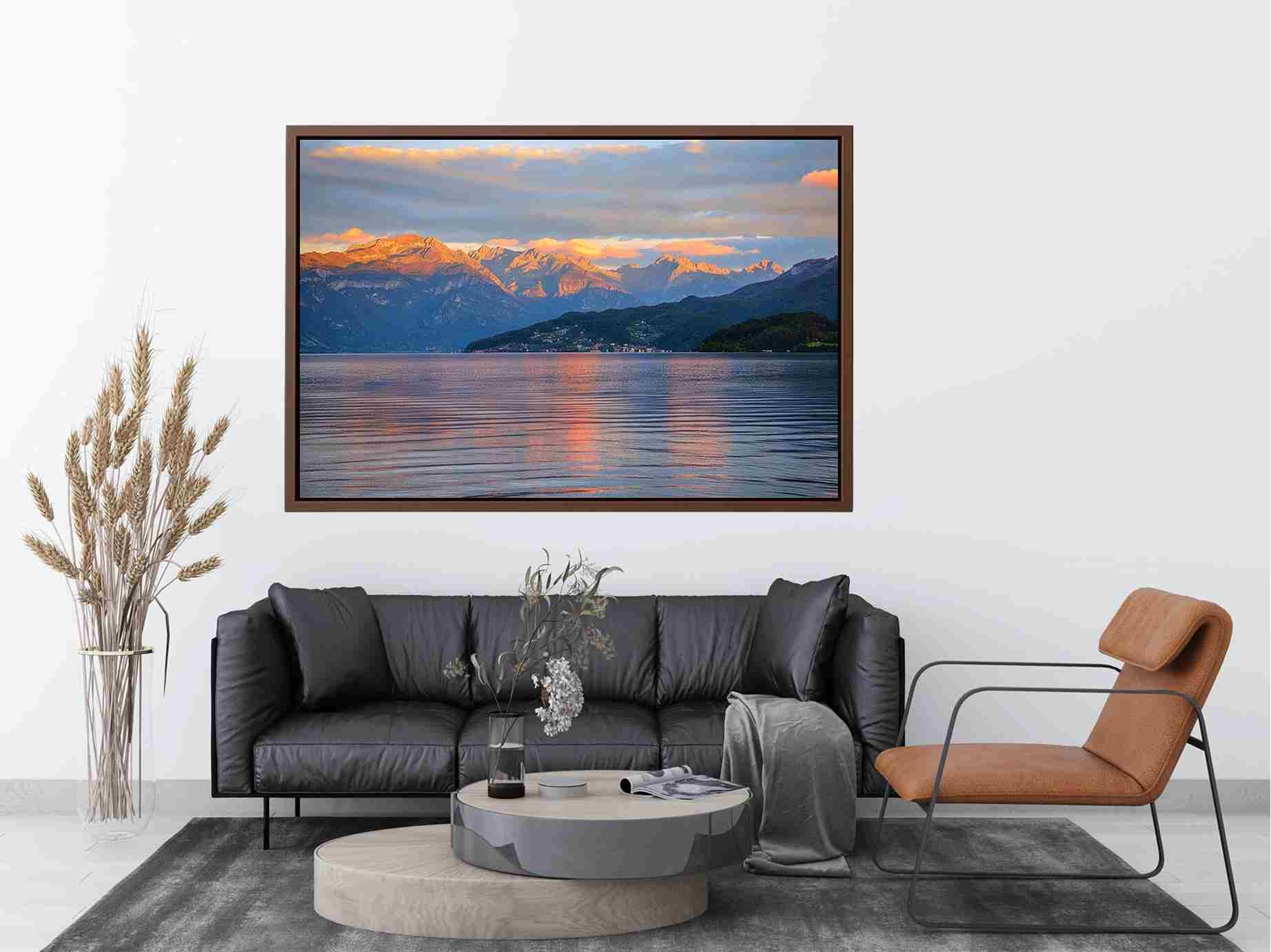 Mountain lake photography artwork for serene living room decor.