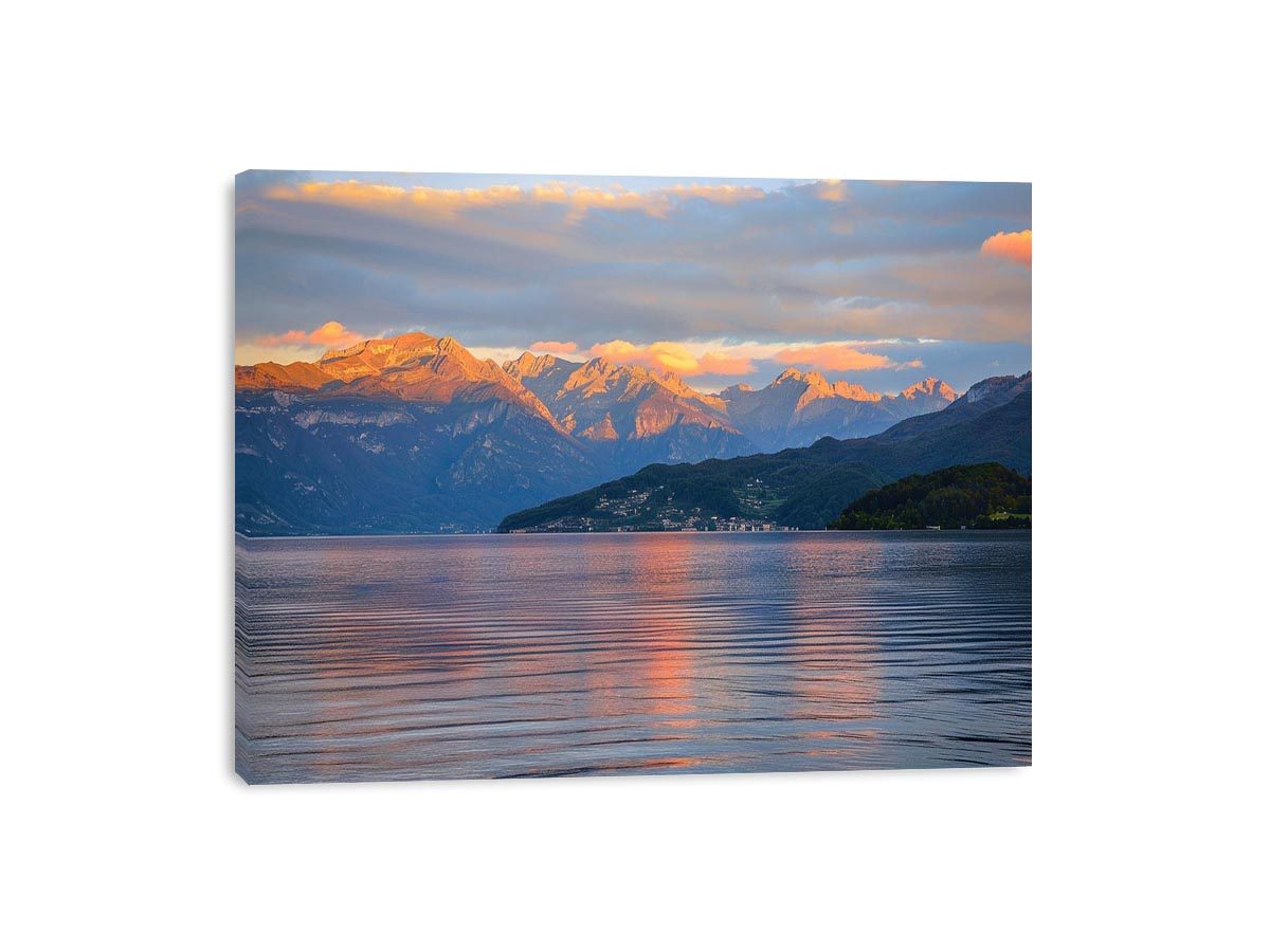 Mountain lake photography artwork for serene living room decor.