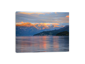 Mountain lake photography artwork for serene living room decor.