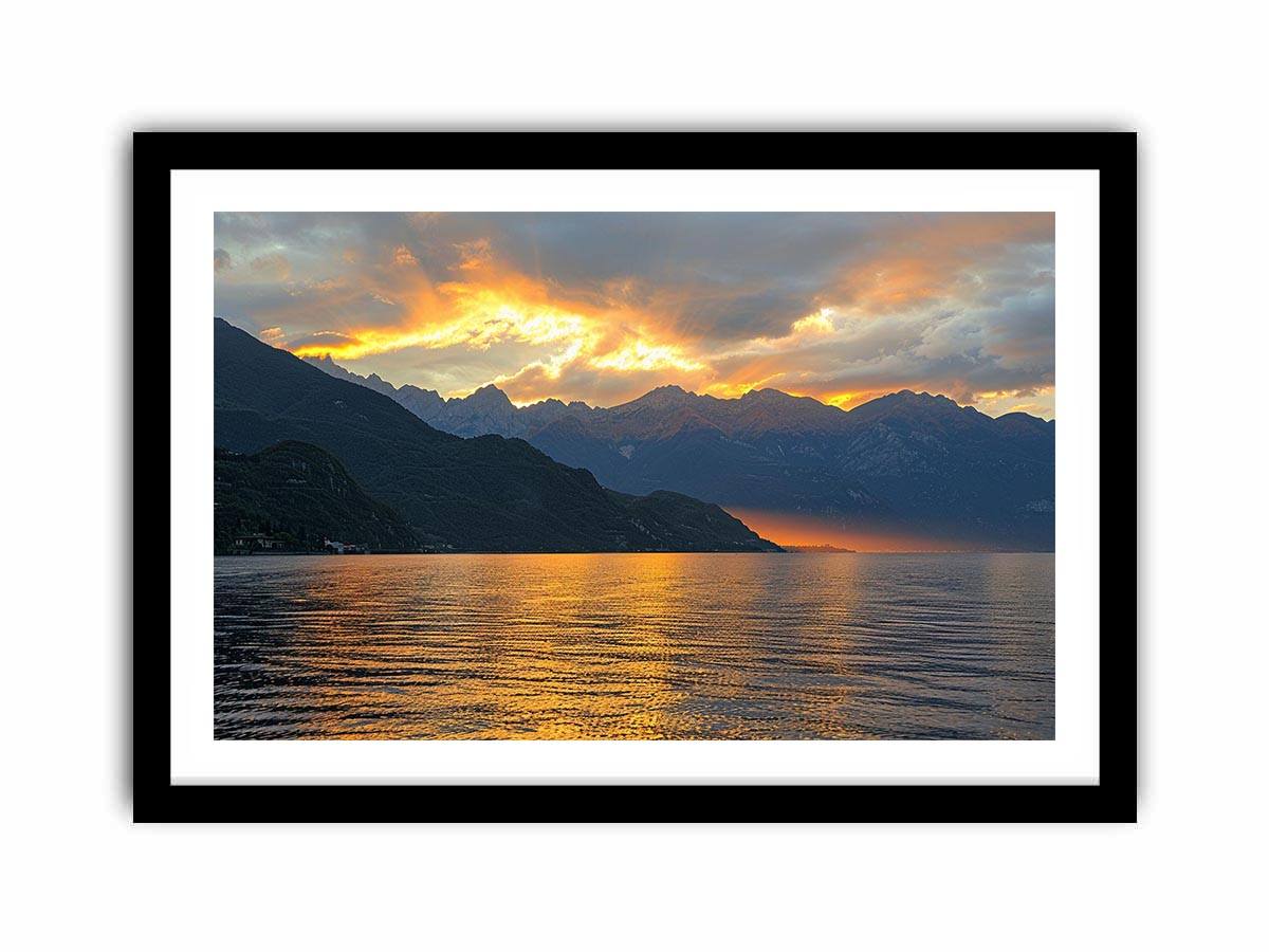 Sunset mountain lake photography for luxury wall decor.
