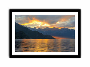 Sunset mountain lake photography for luxury wall decor.