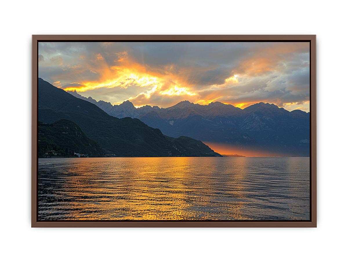 Sunset mountain lake photography for luxury wall decor.
