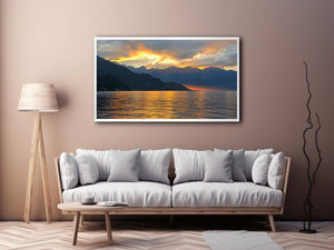 Sunset mountain lake photography for luxury wall decor.