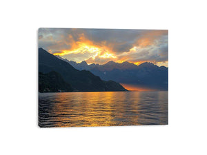 Sunset mountain lake photography for luxury wall decor.