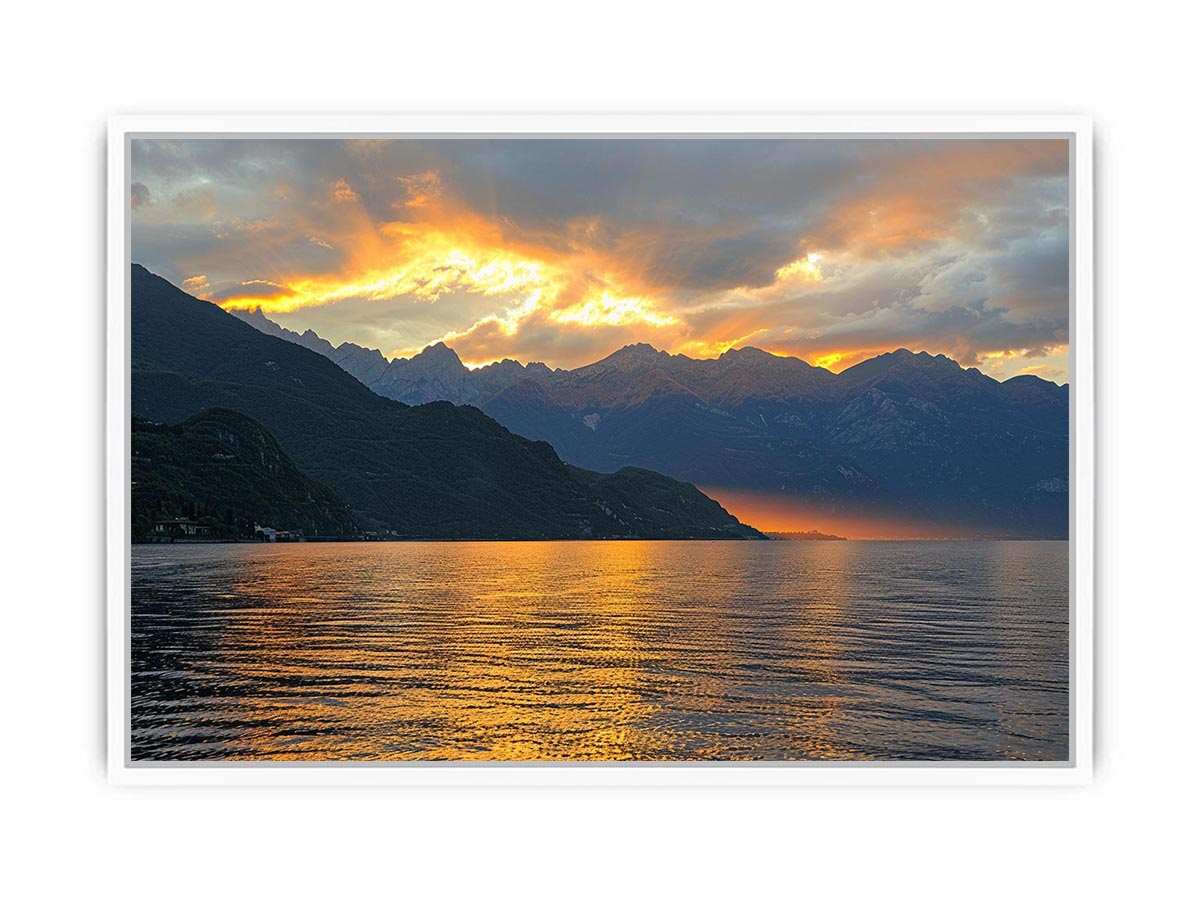Sunset mountain lake photography for luxury wall decor.