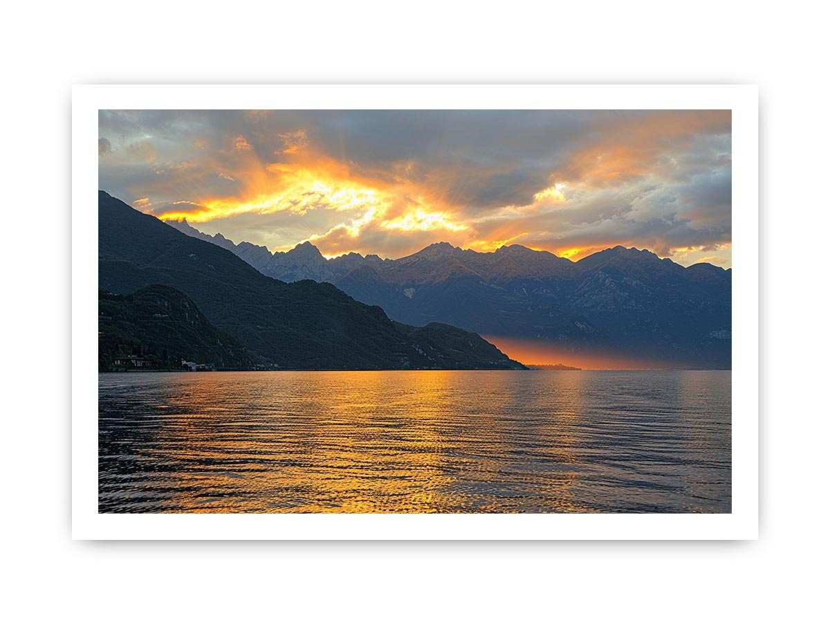 Sunset mountain lake photography for luxury wall decor.