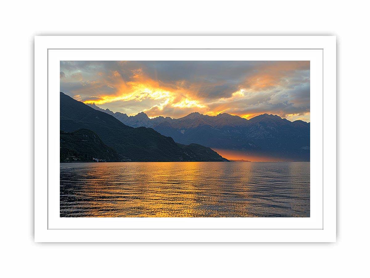 Sunset mountain lake photography for luxury wall decor.