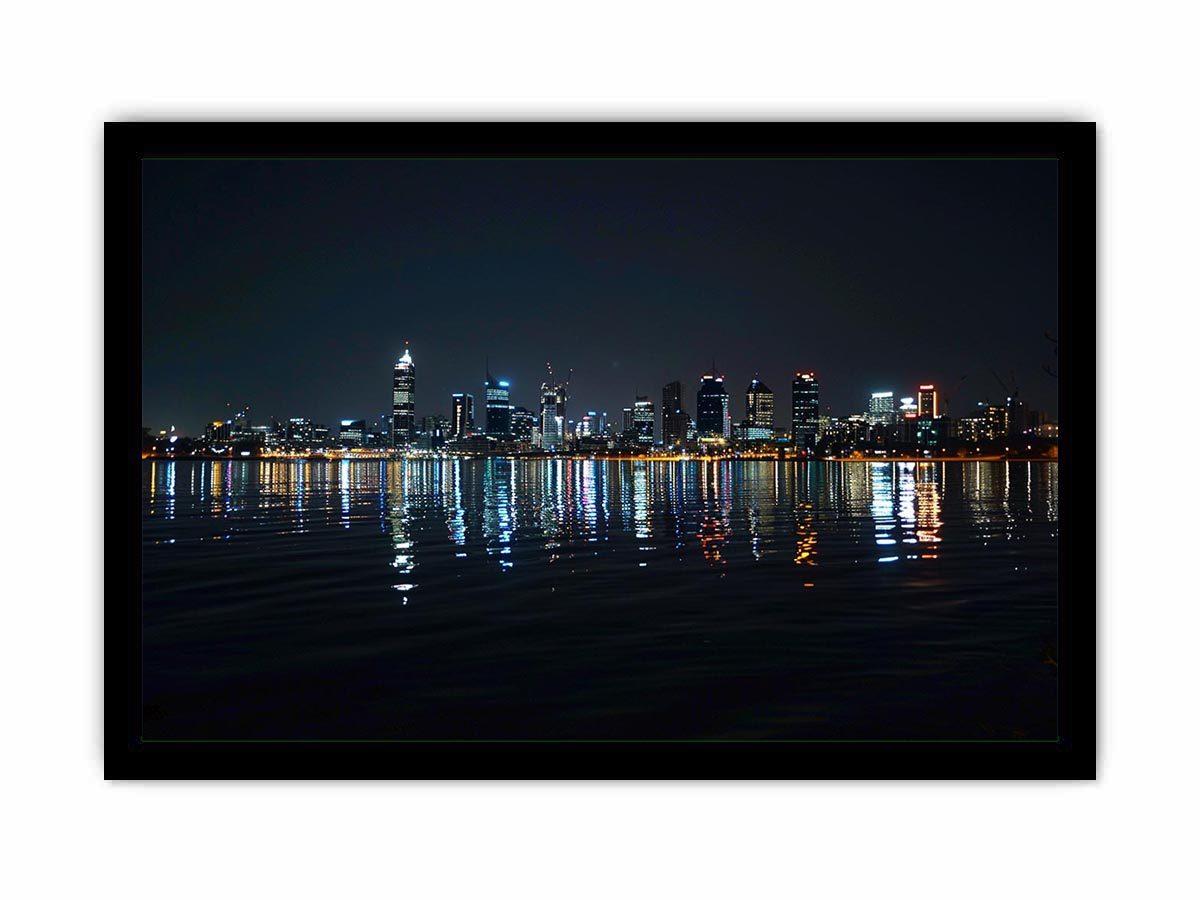 Night city skyline artwork with reflections for modern office decor.