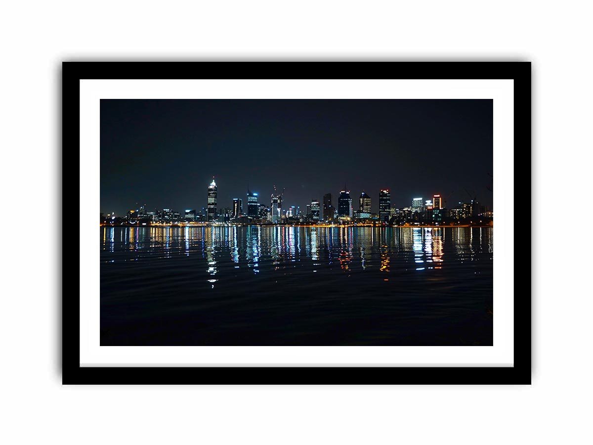 Night city skyline artwork with reflections for modern office decor.
