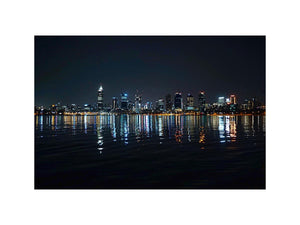 Night city skyline artwork with reflections for modern office decor.