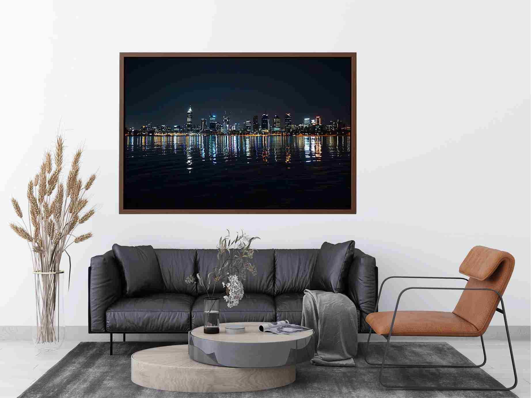 Night city skyline artwork with reflections for modern office decor.