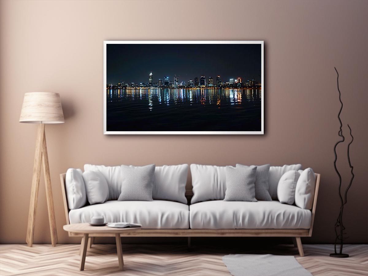 Night city skyline artwork with reflections for modern office decor.